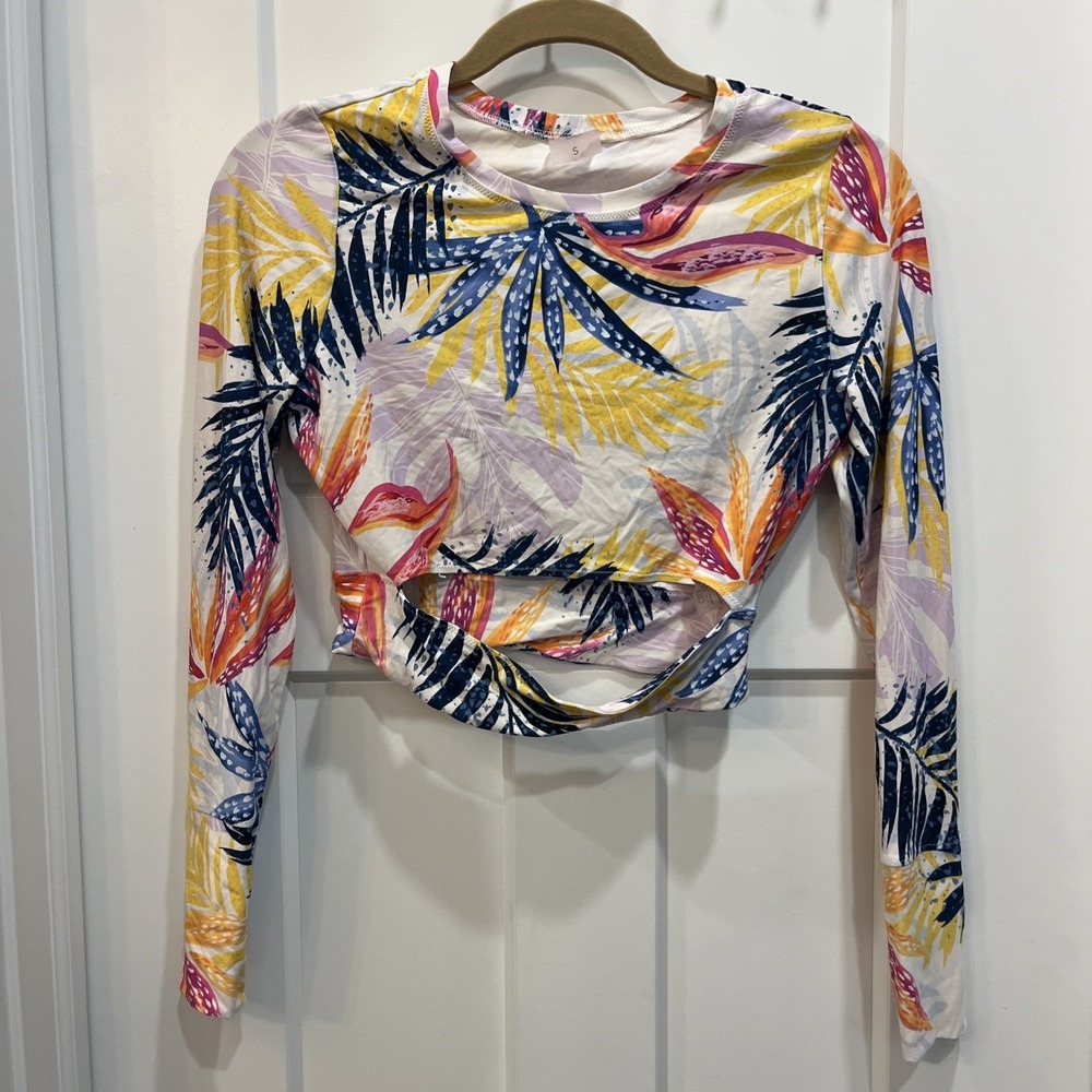 Calia Women Keyhole Crop Rashgaurd Tropical Palm Surf Swim Sz Small Long Sleeve